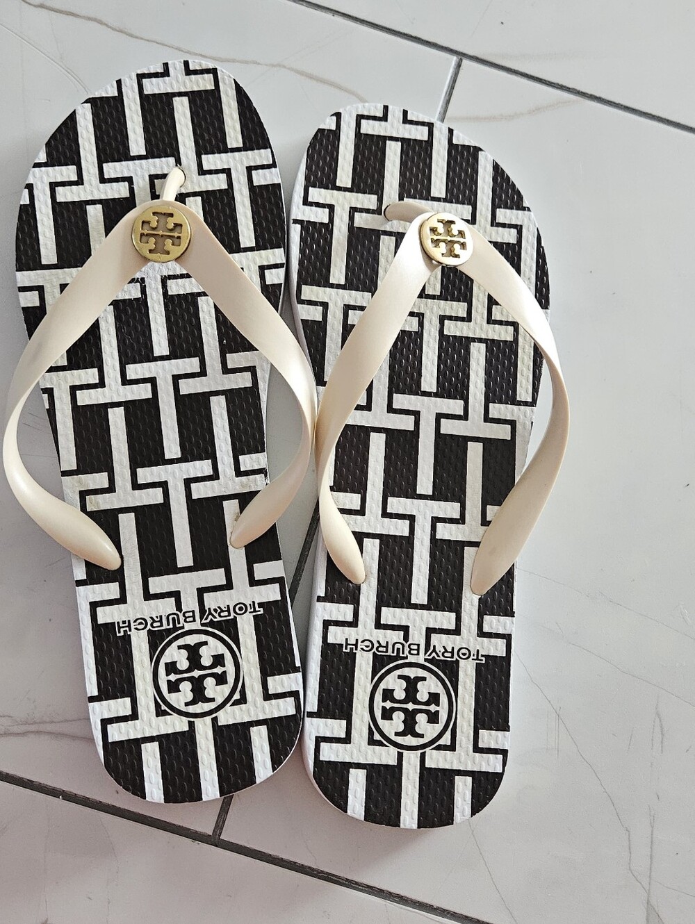 Tory Burch Black & Cream Logo Strap Flip Sandals